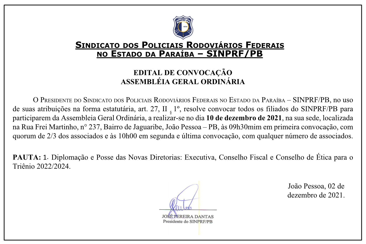 SINPRF/PB – EDITAL DE CONVOCAÇÃO – ASSEMBLÉIA GERAL ORDINÁRIA
