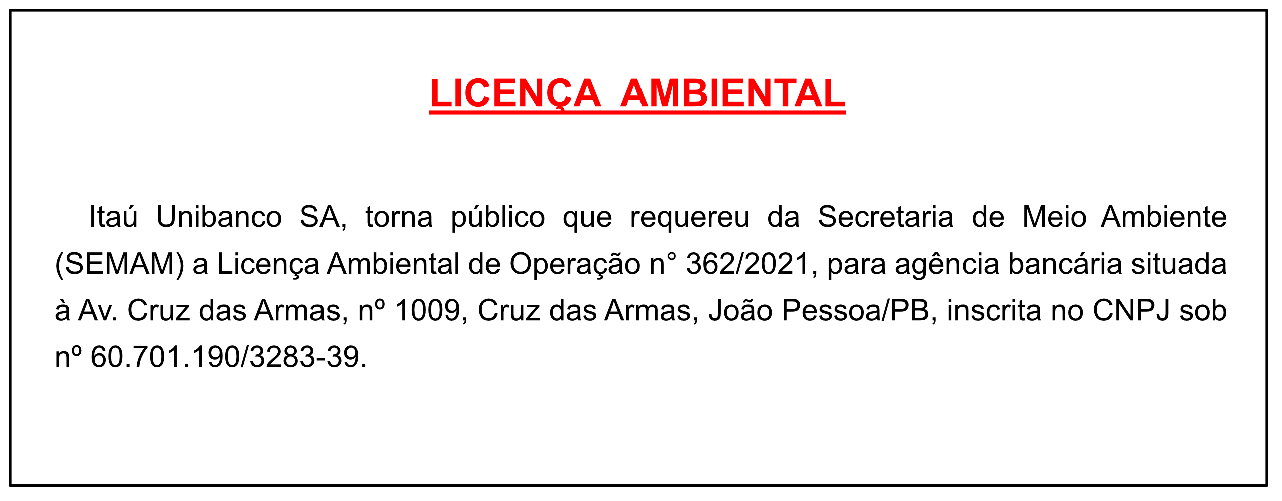 Itaú Unibanco SA – Licença Ambiental