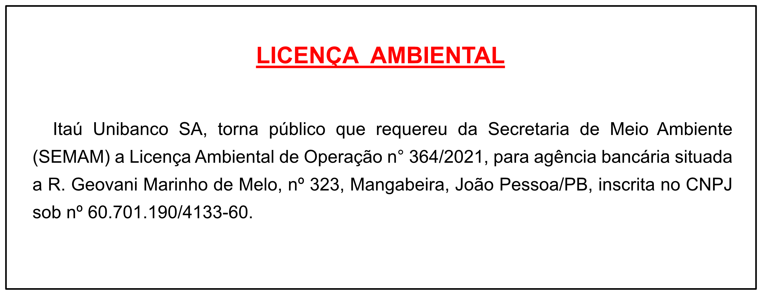 Itaú Unibanco SA – Licença Ambiental