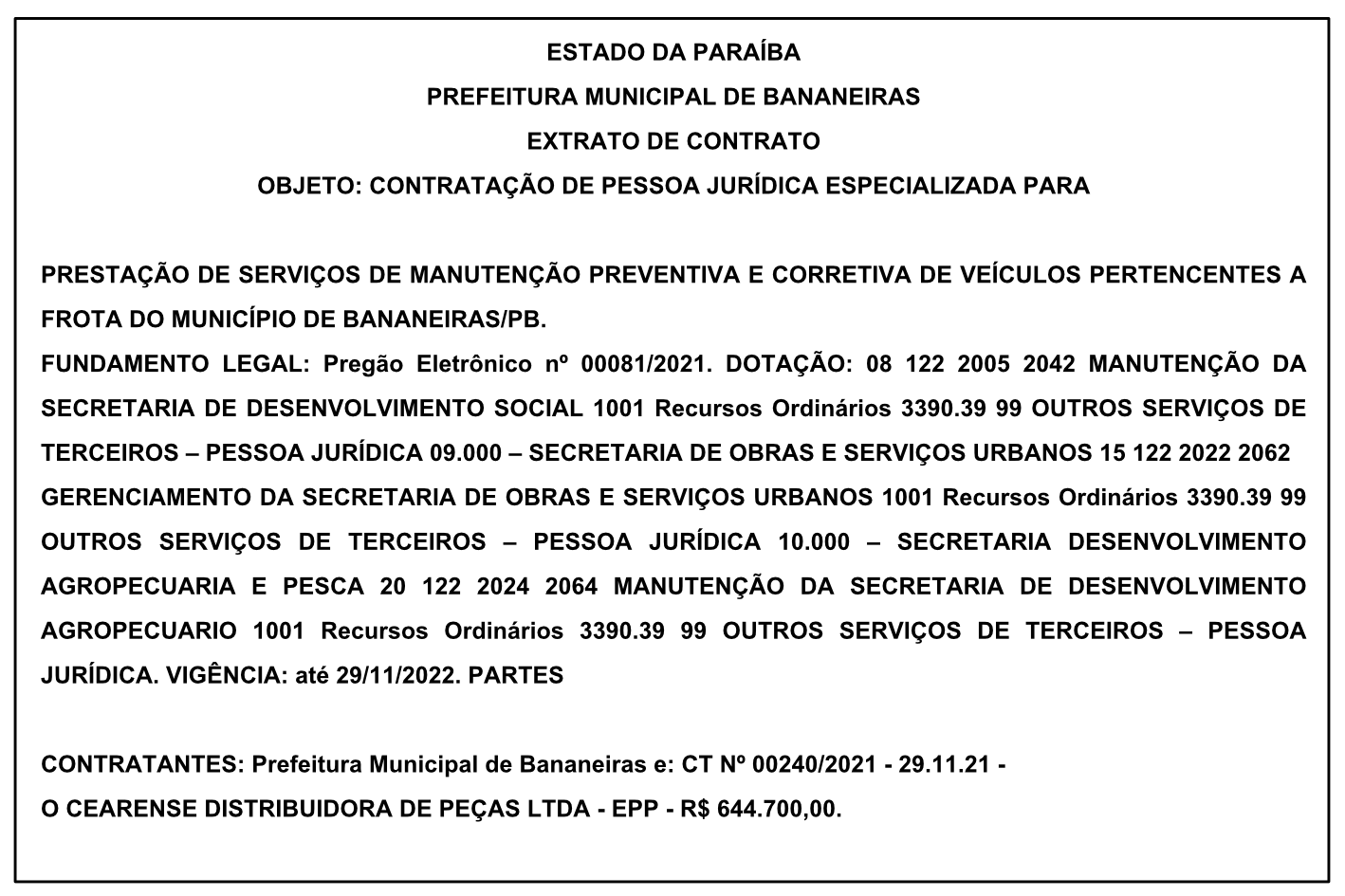 PREFEITURA MUNICIPAL DE BANANEIRAS – EXTRATO DE CONTRATO