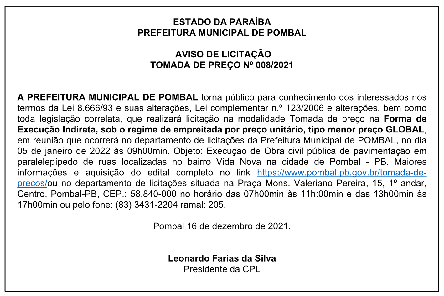 PREFEITURA MUNICIPAL DE POMBAL – AVISO DE LICITAÇÃO – TOMADA DE PREÇO Nº 008/2021