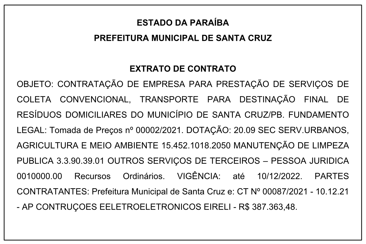 PREFEITURA MUNICIPAL DE SANTA CRUZ – EXTRATO DE CONTRATO