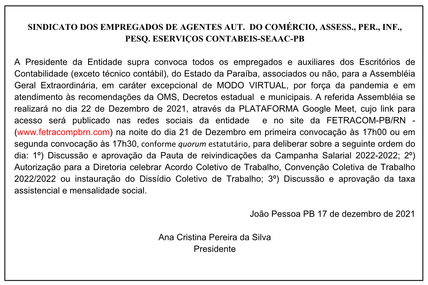 SEAAC-PB – Edital de Convocação
