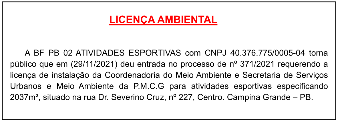 BF PB 02 ATIVIDADES ESPORTIVAS – LICENÇA AMBIENTAL