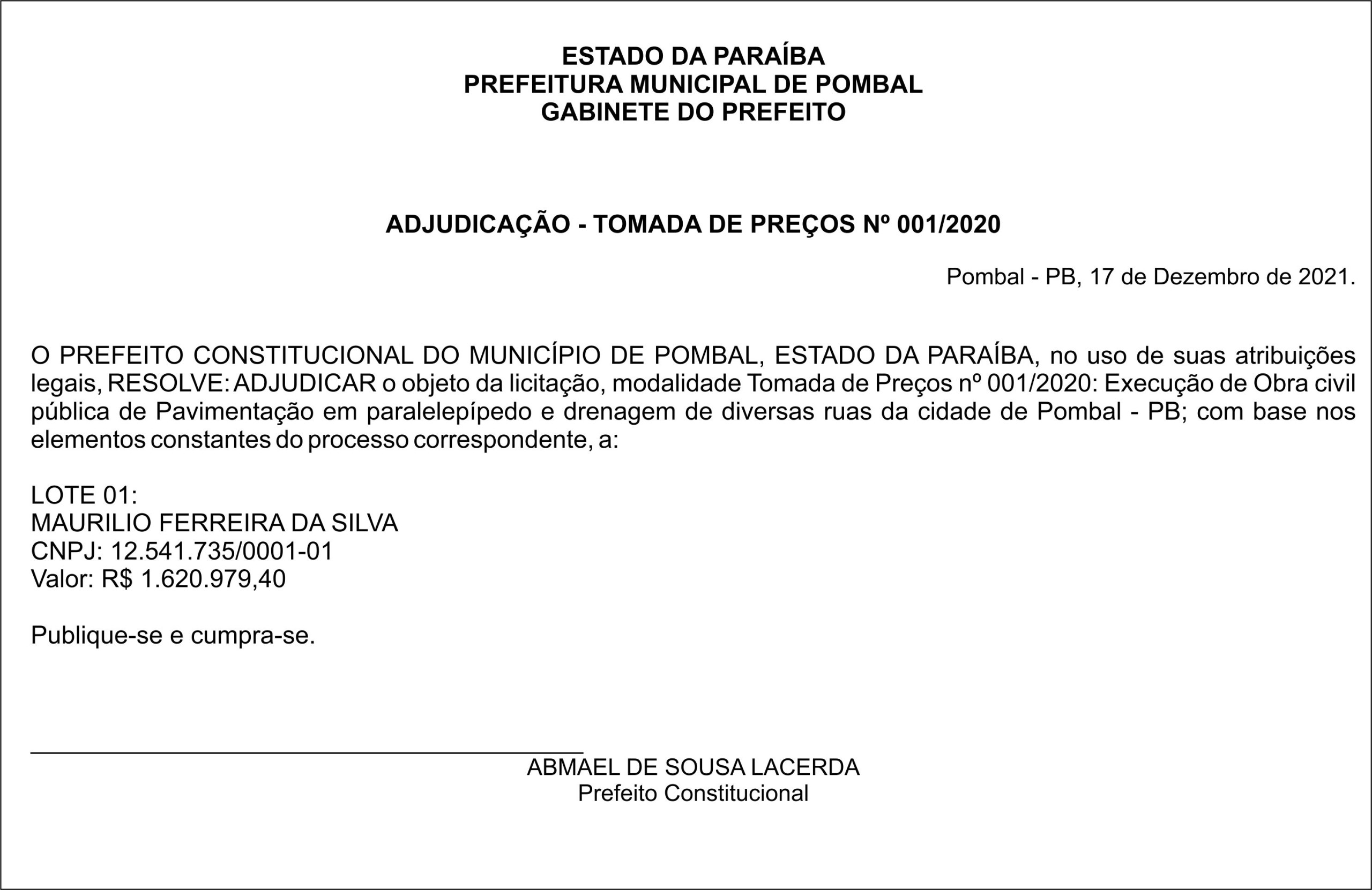 PREFEITURA MUNICIPAL DE POMBAL – GABINETE DO PREFEITO – ADJUDICAÇÃO – TOMADA DE PREÇOS Nº 001/2020
