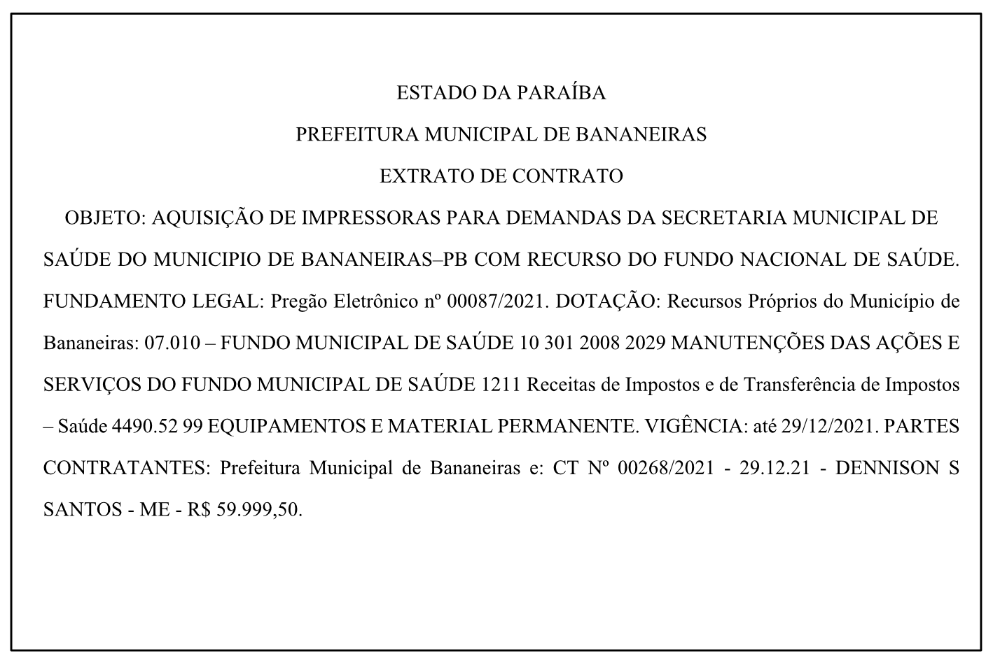 PREFEITURA MUNICIPAL DE BANANEIRAS – EXTRATO DE CONTRATO