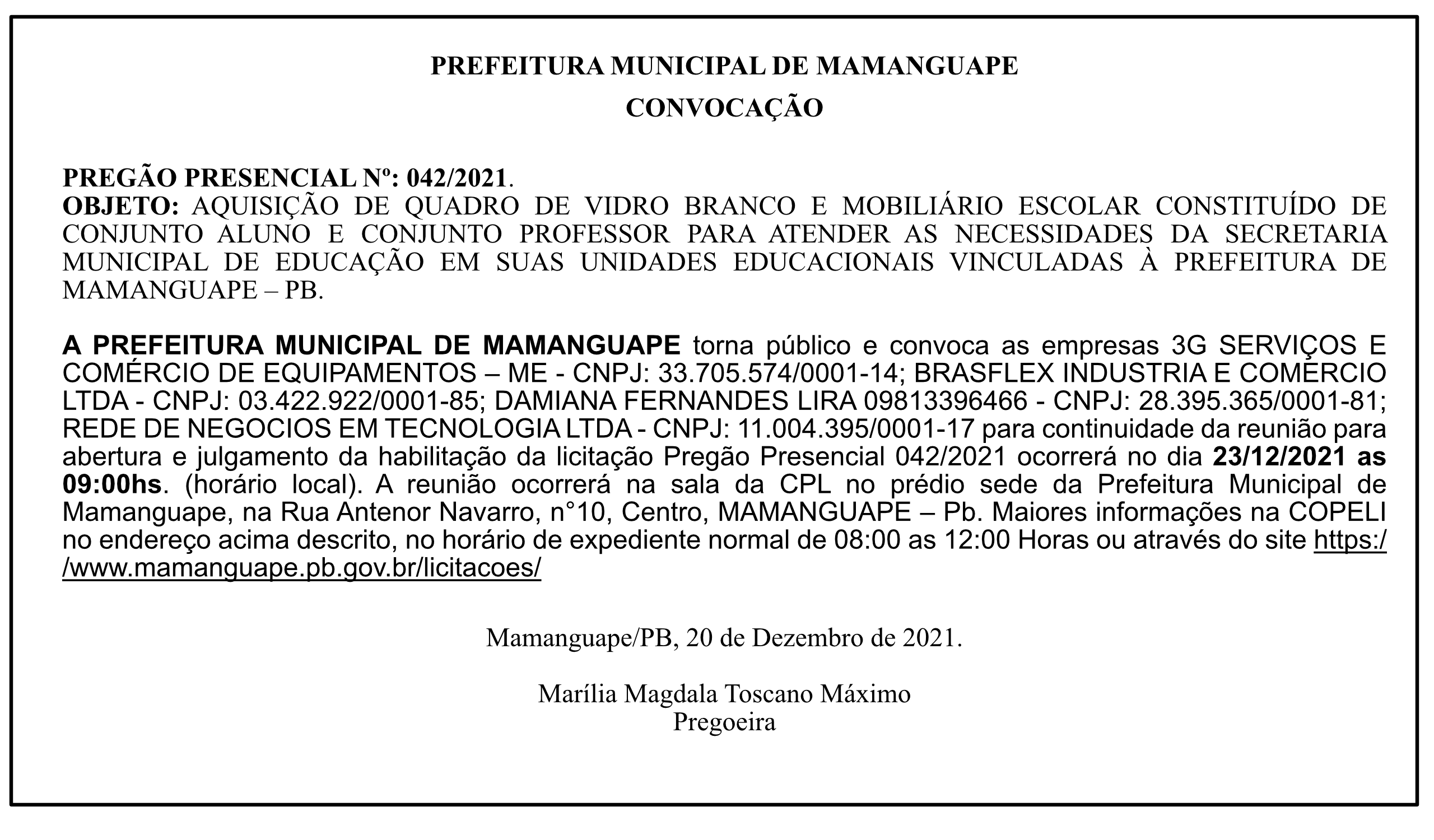 PREFEITURA MUNICIPAL DE MAMANGUAPE – CONVOCAÇÃO – PREGÃO PRESENCIAL Nº: 042/2021