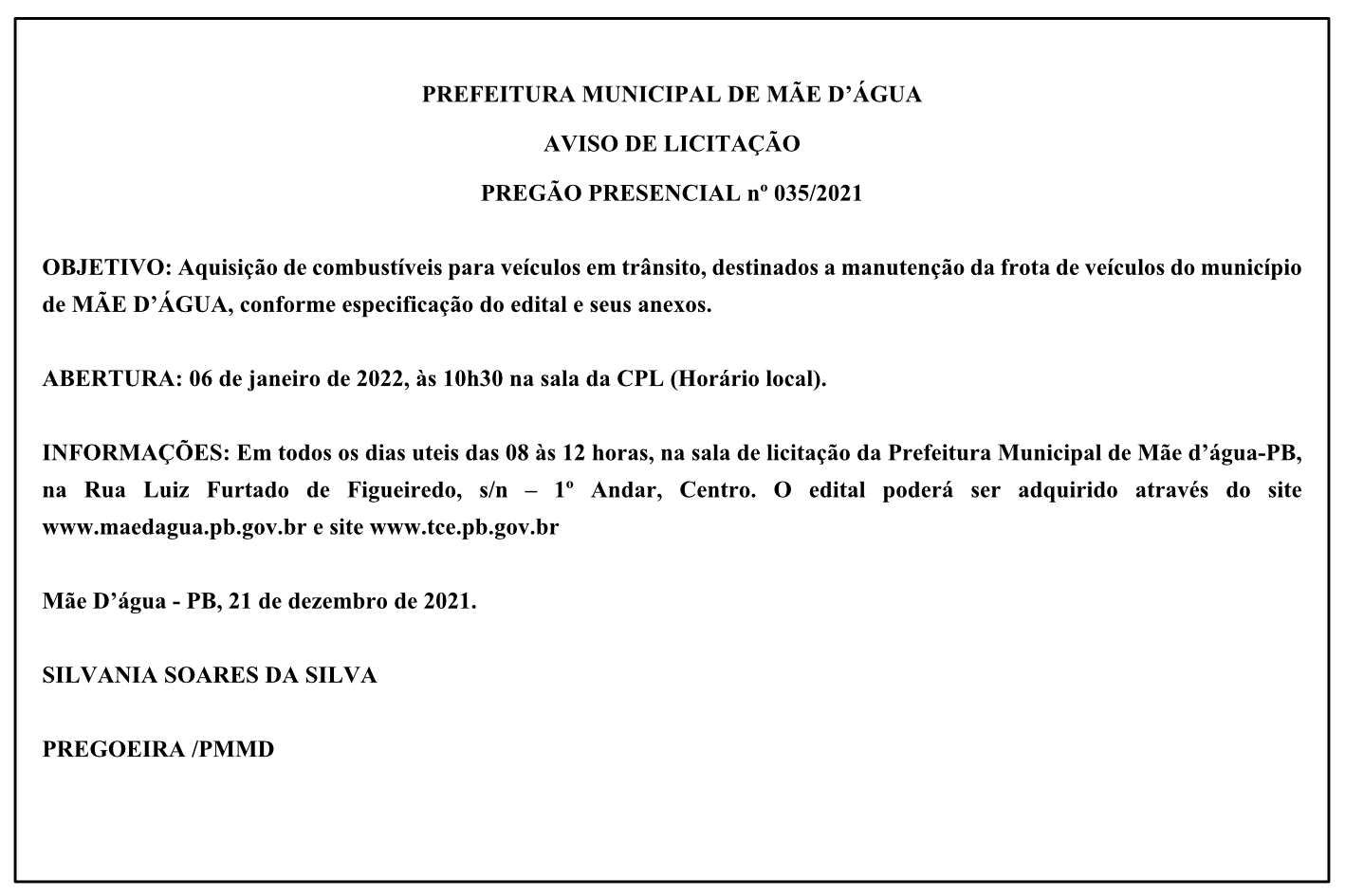 PREFEITURA MUNICIPAL DE MÃE D’ÁGUA – AVISO DE LICITAÇÃO – PREGÃO PRESENCIAL nº 035/2021