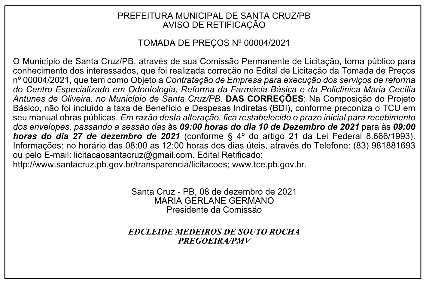 PREFEITURA MUNICIPAL DE SANTA CRUZ/PB – AVISO DE RETIFICAÇÃO – TOMADA DE PREÇOS Nº 00004/2021