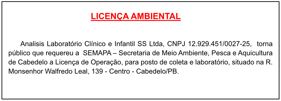 Analisis Laboratório Clínico e Infantil SS Ltda – Licença Ambiental