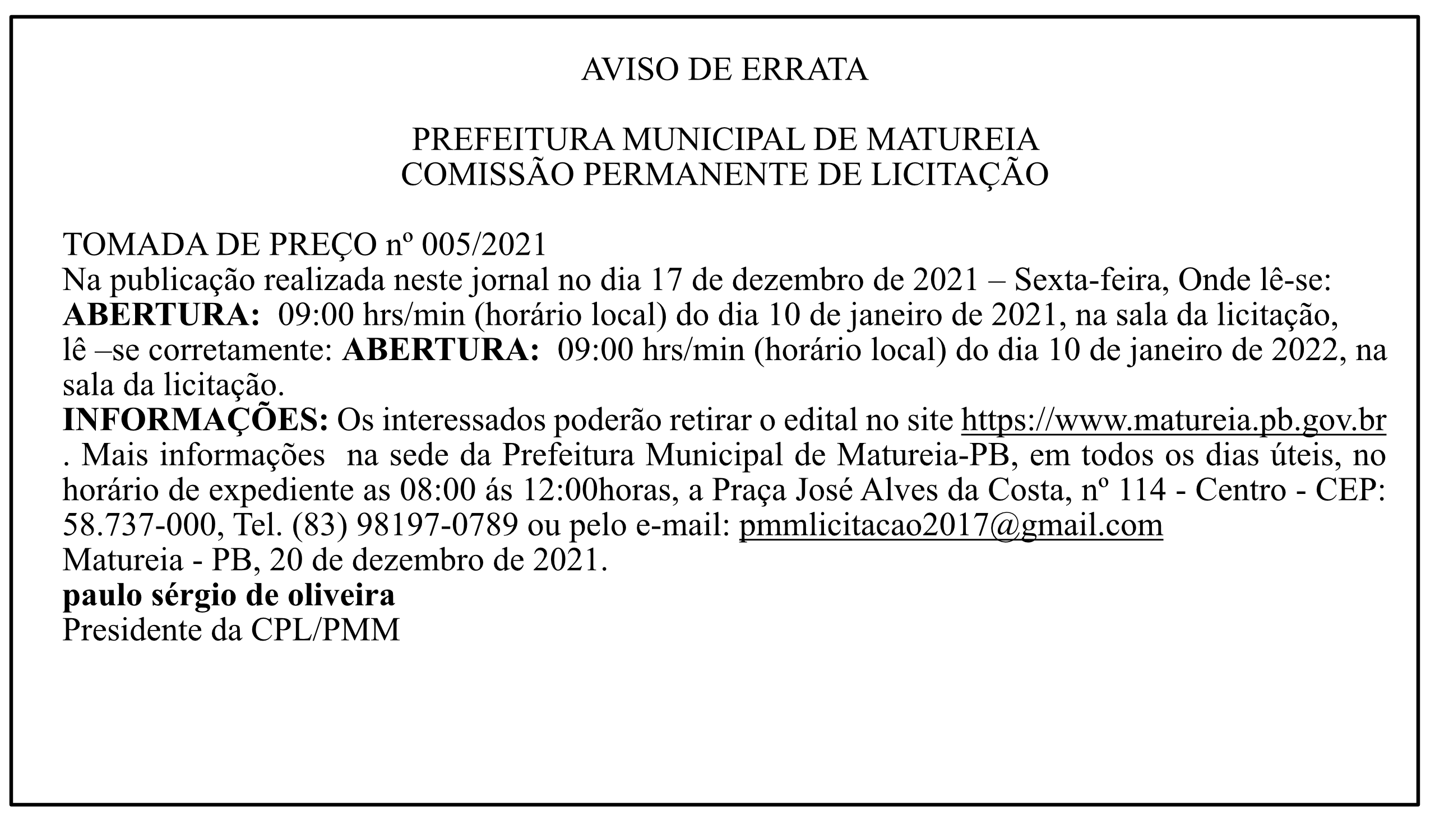 PREFEITURA MUNICIPAL DE MATUREIA – AVISO DE ERRATA – COMISSÃO PERMANENTE DE LICITAÇÃO – TOMADA DE PREÇO Nº 005/2021