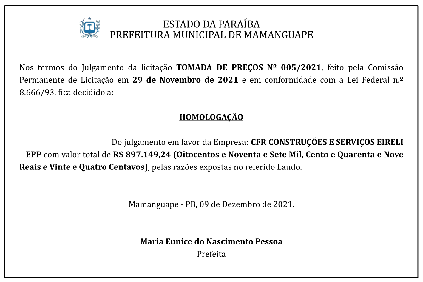 PREFEITURA MUNICIPAL DE MAMANGUAPE – HOMOLOGAÇÃO – TOMADA DE PREÇOS Nº 005/2021