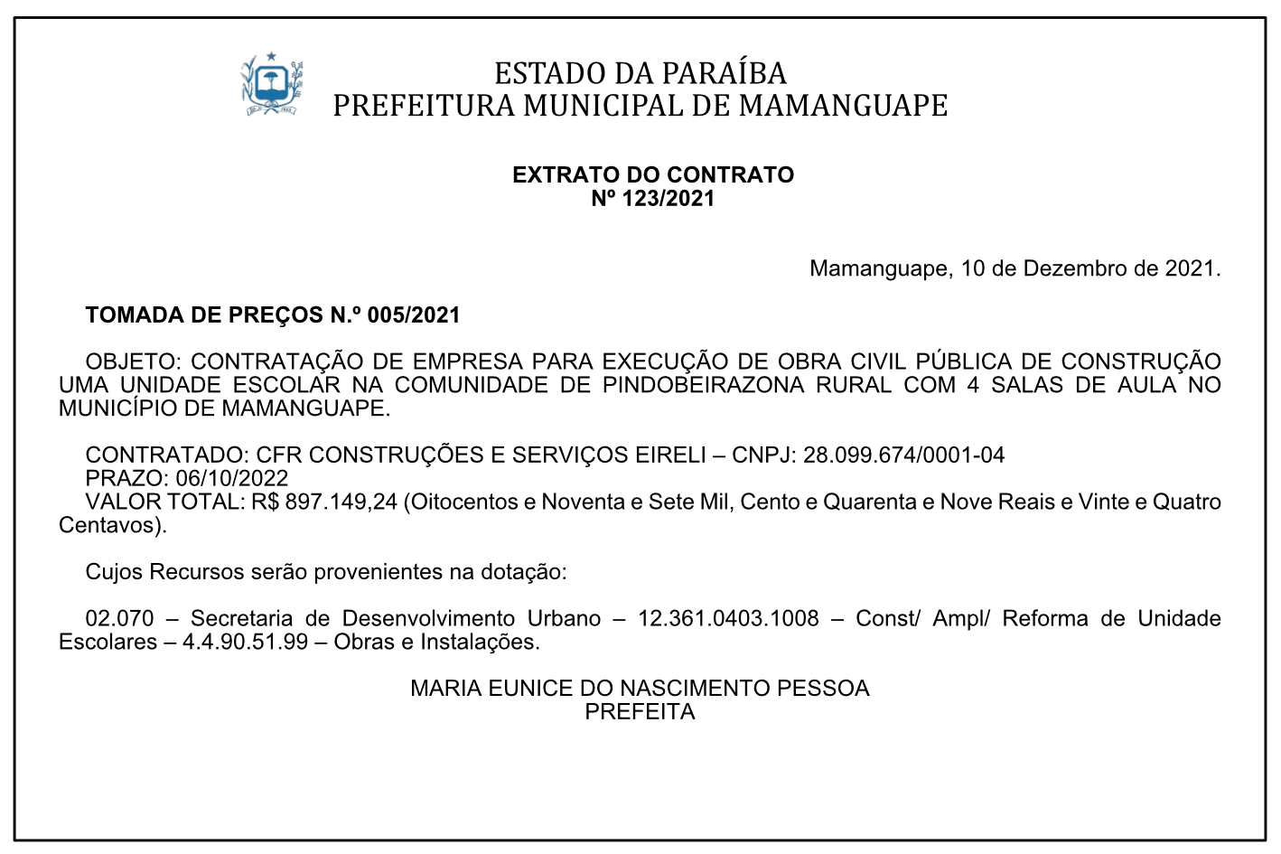 PREFEITURA MUNICIPAL DE MAMANGUAPE – COMISSÃO PERMANENTE DE LICITAÇÃO – EXTRATO DO CONTRATO Nº 123/2021 – TOMADA DE PREÇOS N.º 005/2021