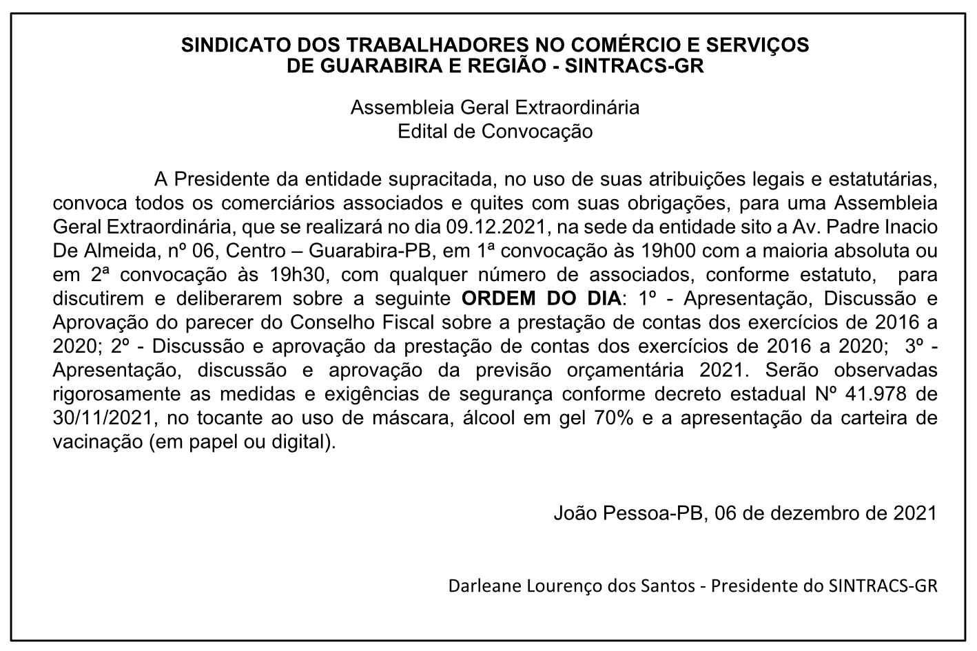 SINTRACS-GR – Assembleia Geral Extraordinária – Edital de Convocação