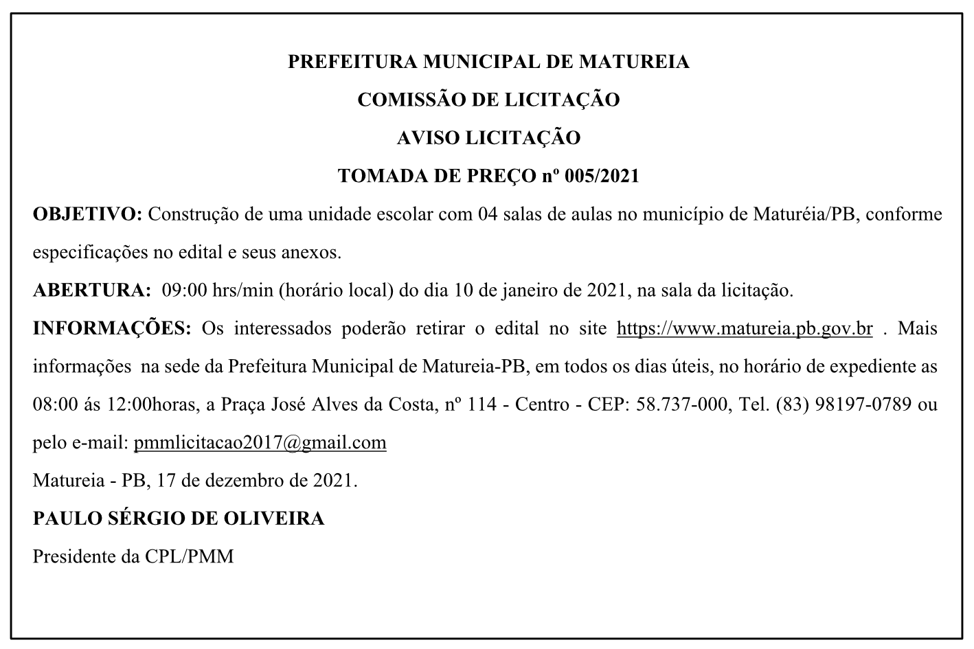 PREFEITURA MUNICIPAL DE MATUREIA – COMISSÃO DE LICITAÇÃO – AVISO LICITAÇÃO – TOMADA DE PREÇO Nº 005/2021
