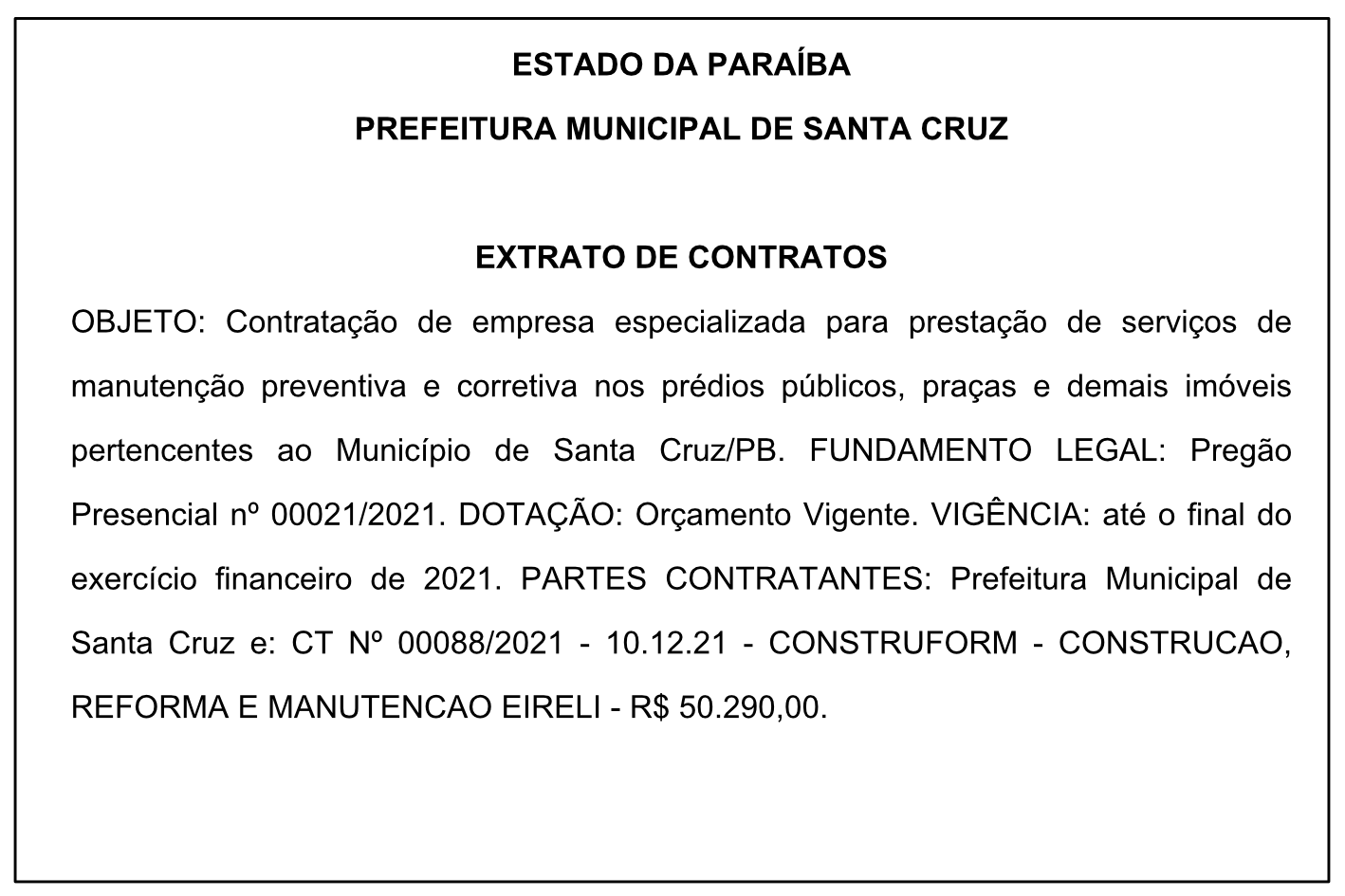 PREFEITURA MUNICIPAL DE SANTA CRUZ – EXTRATO DE CONTRATOS