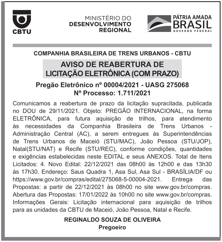 CBTU – Aviso de Reabertura de Licitação Eletrônica (Com Prazo) – Pregão Eletrônico Nº 00004/2021