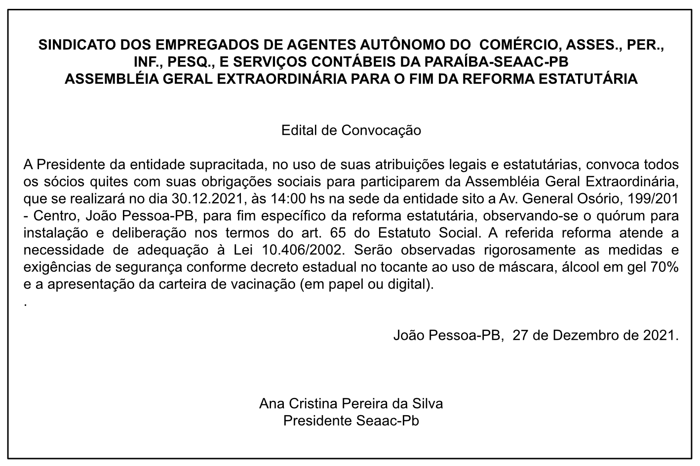 SEAAC/PB – Edital de Convocação