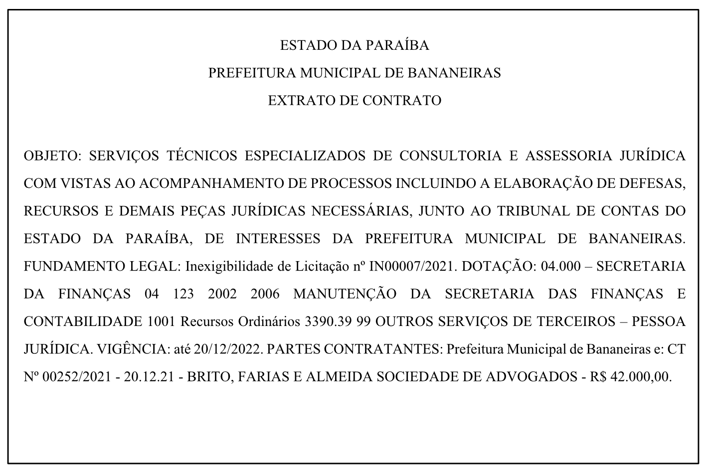 PREFEITURA MUNICIPAL DE BANANEIRAS – EXTRATO DE CONTRATO