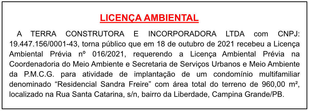 TERRA CONSTRUTORA E INCORPORADORA LTDA – LICENÇA AMBIENTAL