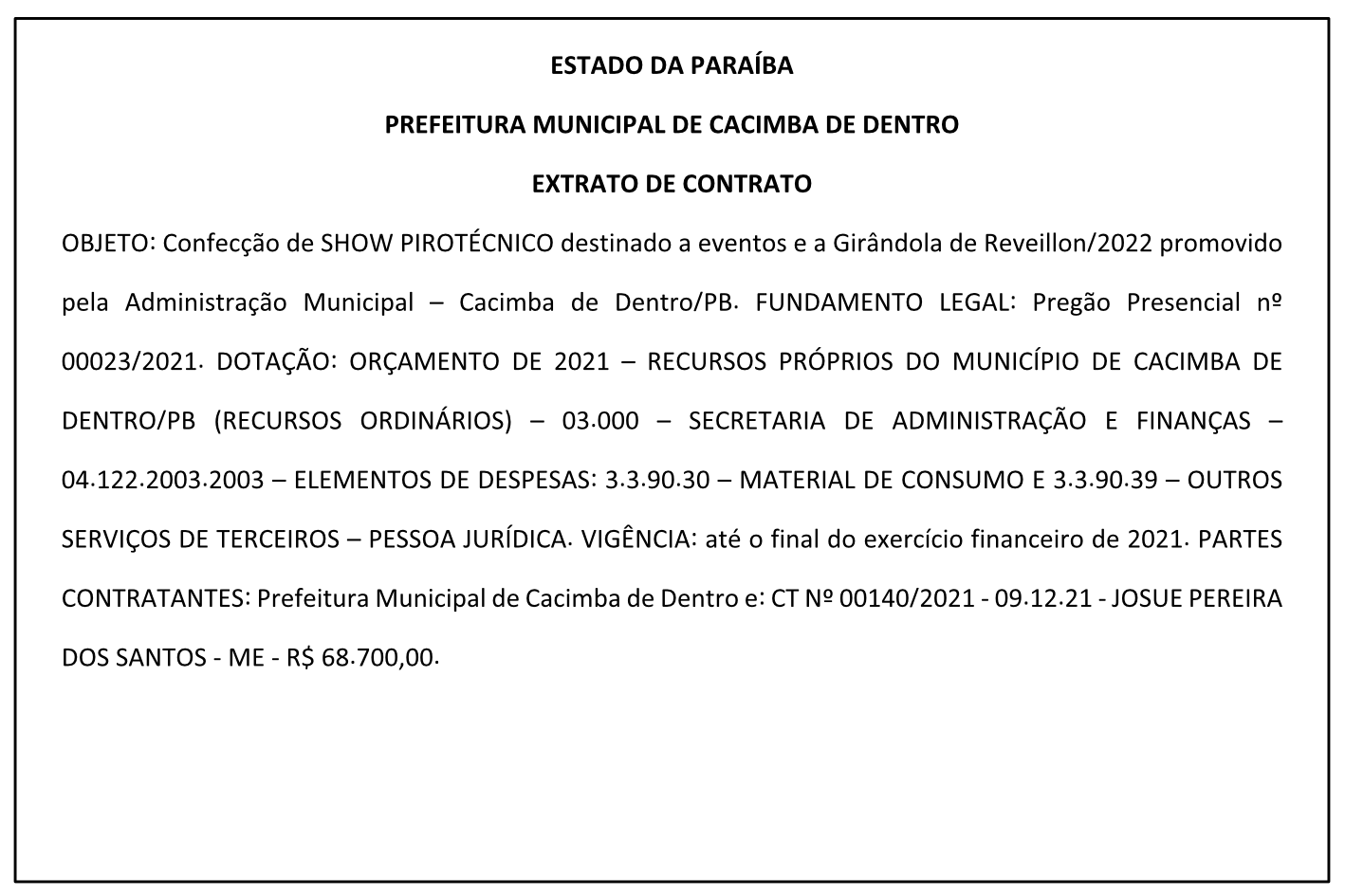 PREFEITURA MUNICIPAL DE CACIMBA DE DENTRO – EXTRATO DE CONTRATO