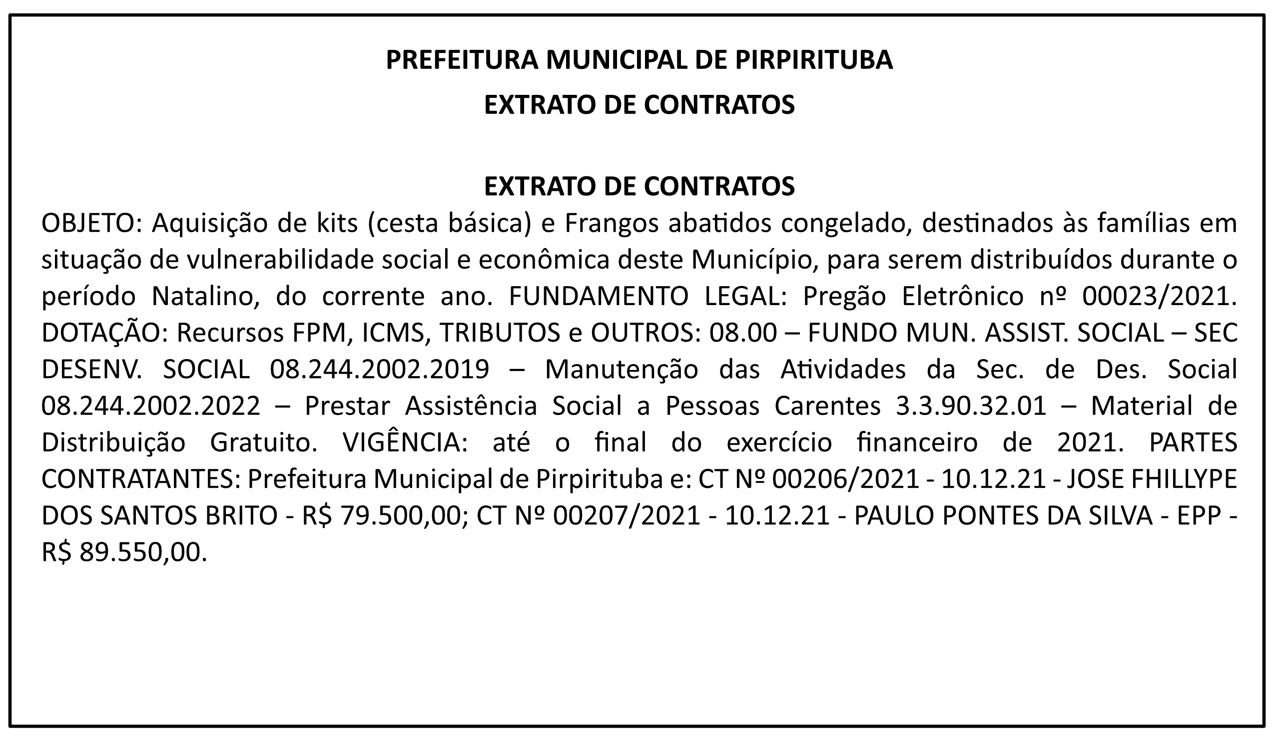 PREFEITURA MUNICIPAL DE PIRPIRITUBA – EXTRATO DE CONTRATOS