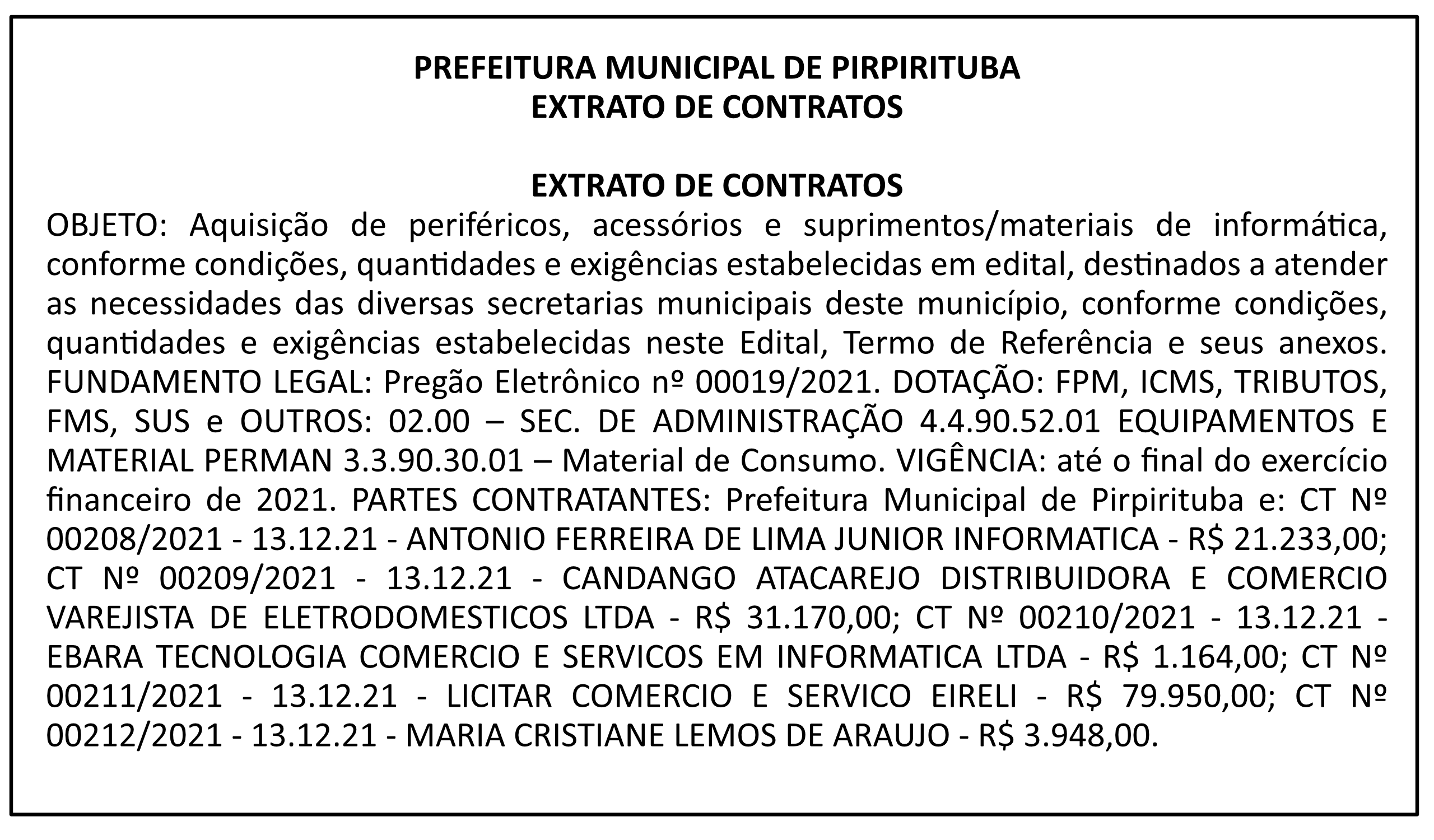 PREFEITURA MUNICIPAL DE PIRPIRITUBA – EXTRATO DE CONTRATOS