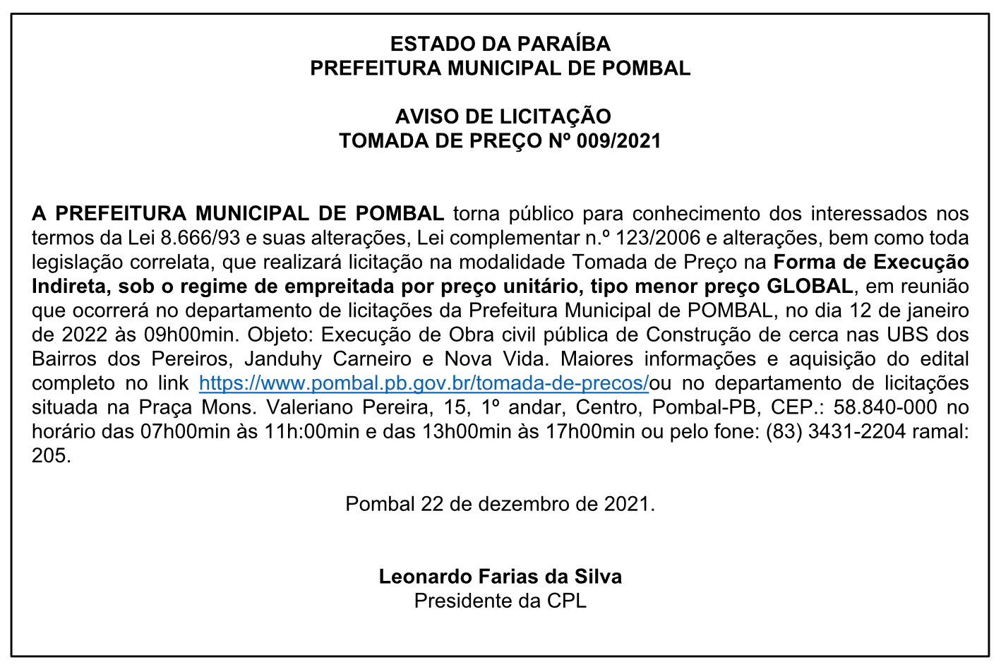 PREFEITURA MUNICIPAL DE POMBAL – AVISO DE LICITAÇÃO – TOMADA DE PREÇO Nº 009/2021
