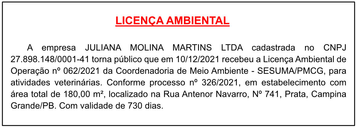 JULIANA MOLINA MARTINS LTDA – LICENÇA AMBIENTAL