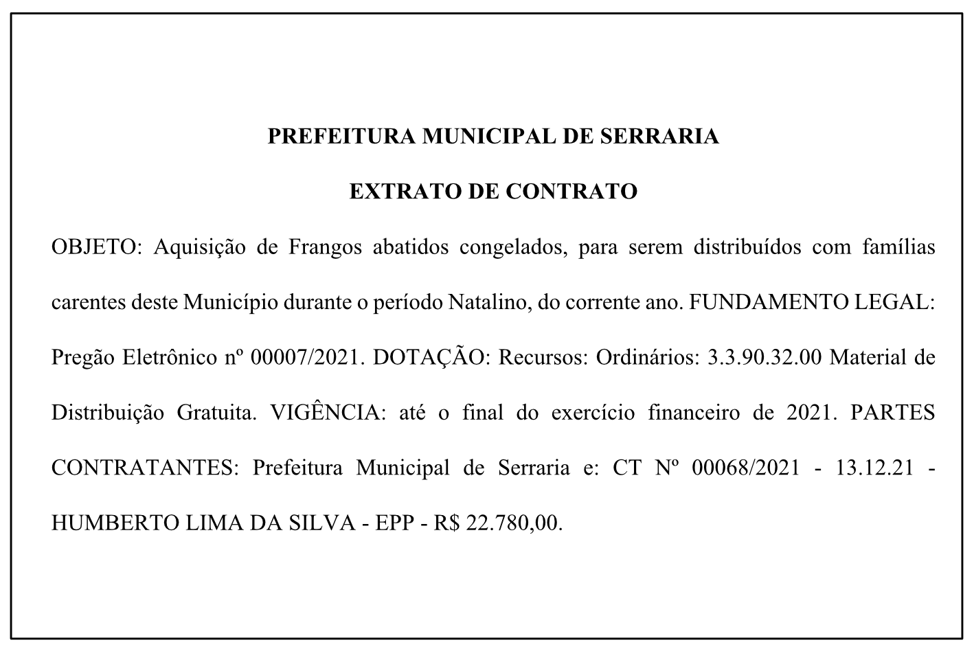 PREFEITURA MUNICIPAL DE SERRARIA  – EXTRATO DE CONTRATO
