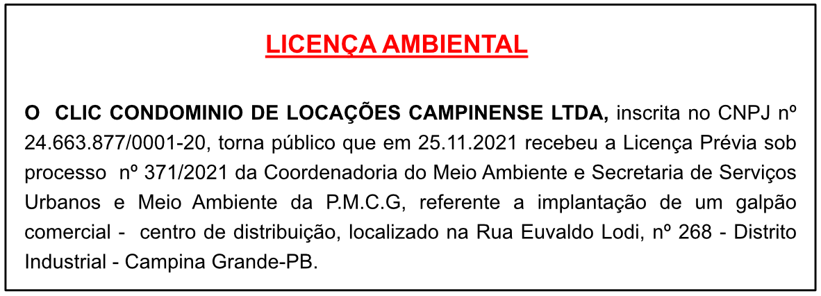CLIC CONDOMINIO DE LOCAÇÕES CAMPINENSE LTDA – LICENÇA AMBIENTAL