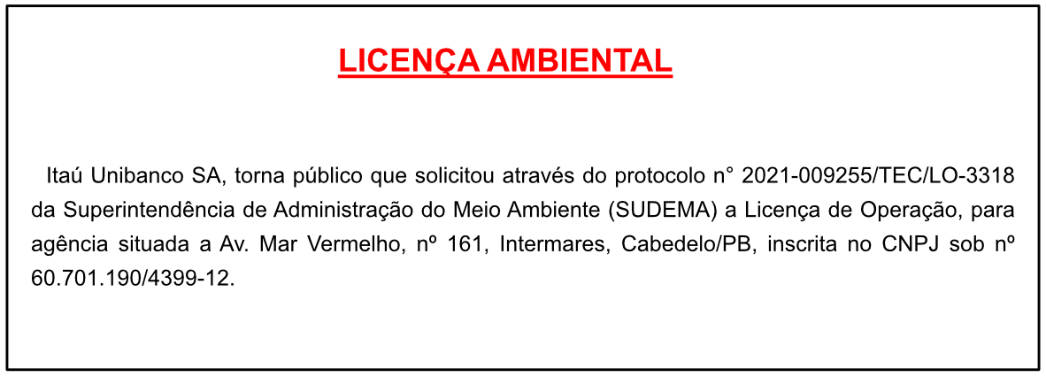 Itaú Unibanco SA – Licença Ambiental