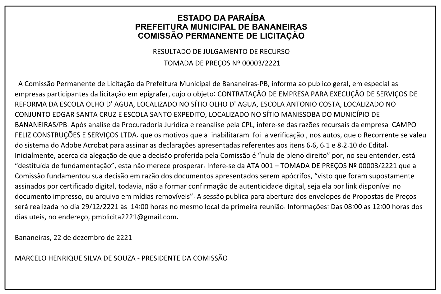 PREFEITURA DE BANANEIRAS – RESULTADO DE JULGAMENTO DE RECURSO – TOMADA DE PREÇOS Nº 00003/2221