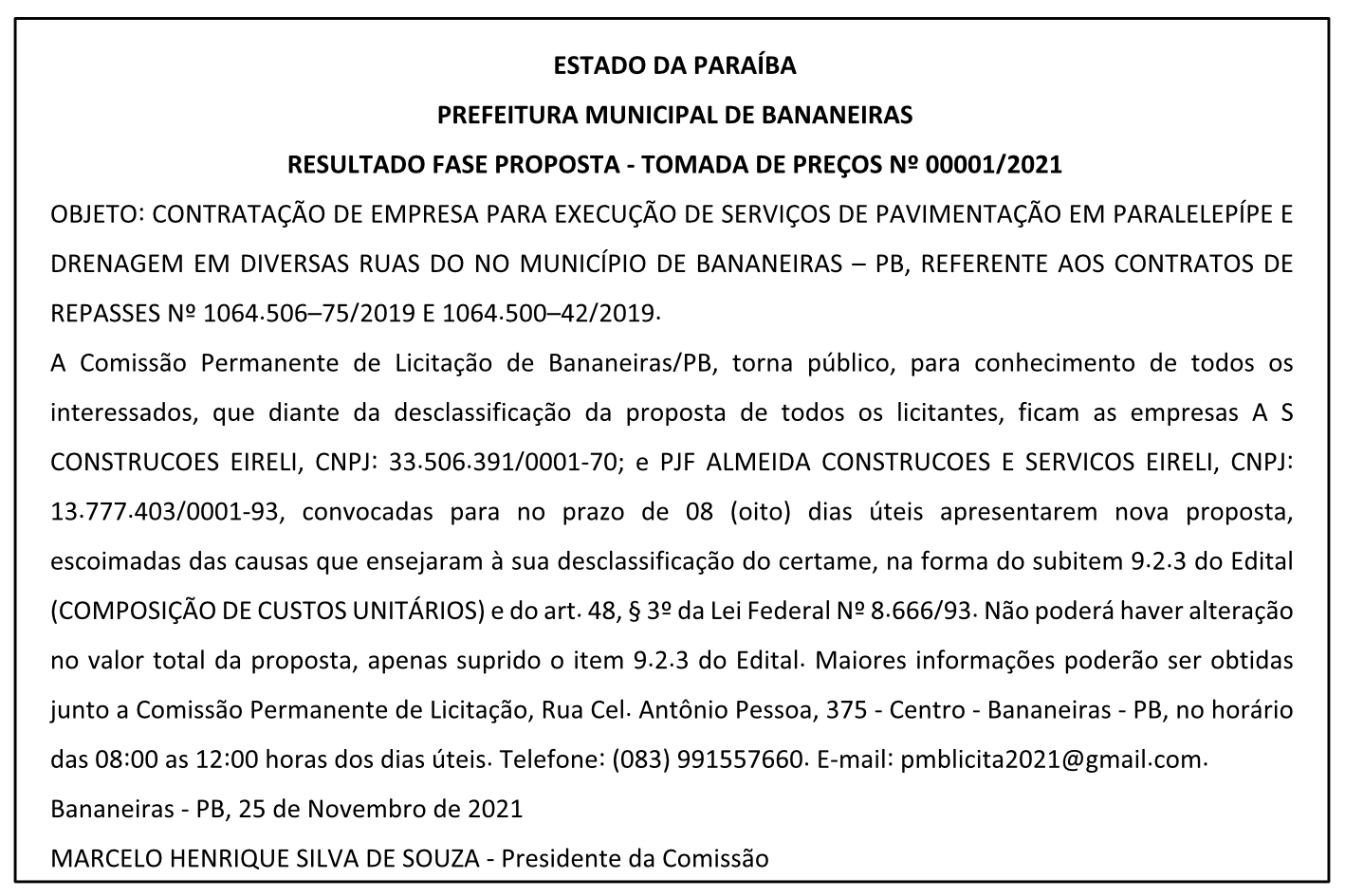 PREFEITURA MUNICIPAL DE BANANEIRAS – RESULTADO FASE PROPOSTA – TOMADA DE PREÇOS Nº 00001/2021