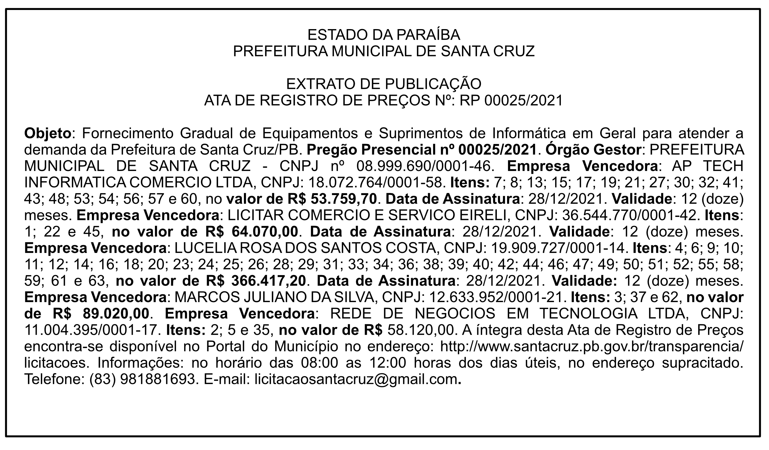 PREFEITURA MUNICIPAL DE SANTA CRUZ – EXTRATO DE PUBLICAÇÃO – ATA DE REGISTRO DE PREÇOS Nº: RP 00025/2021