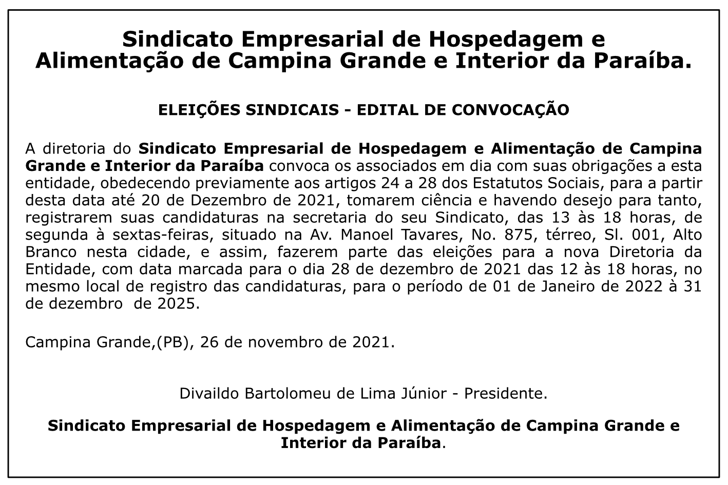 Sindicato Empresarial de Hospedagem e Alimentação de  Campina Grande e Interior da Paraíba –  Edital de Convocação – Eleições Sindicais