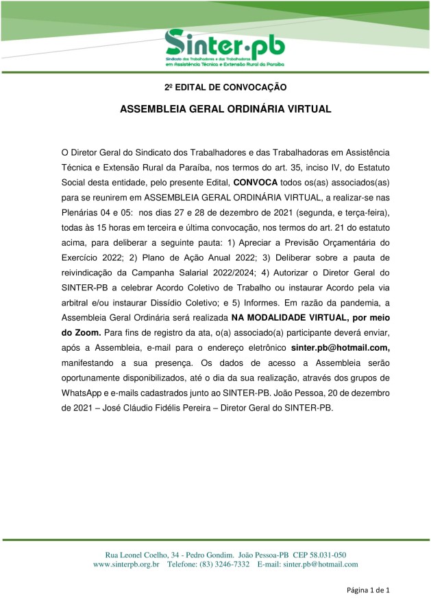 SINTER/PB – 2º EDITAL DE CONVOCAÇÃO – ASSEMBLEIA GERAL ORDINÁRIA VIRTUAL
