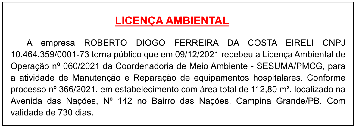 ROBERTO DIOGO FERREIRA DA COSTA EIRELI – LICENÇA AMBIENTAL
