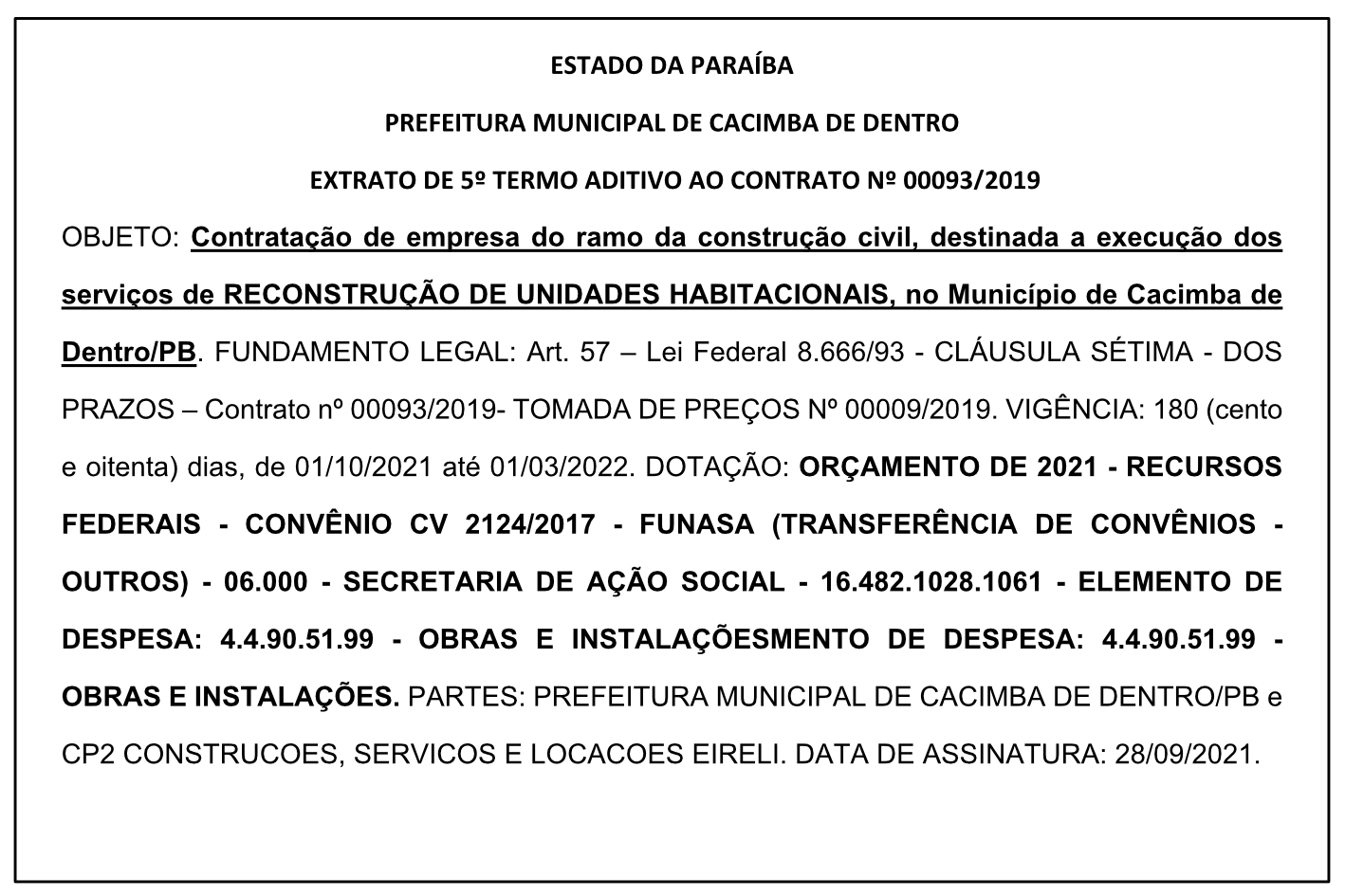 PREFEITURA MUNICIPAL DE CACIMBA DE DENTRO – EXTRATO DE 5º TERMO ADITIVO AO CONTRATO Nº 00093/2019
