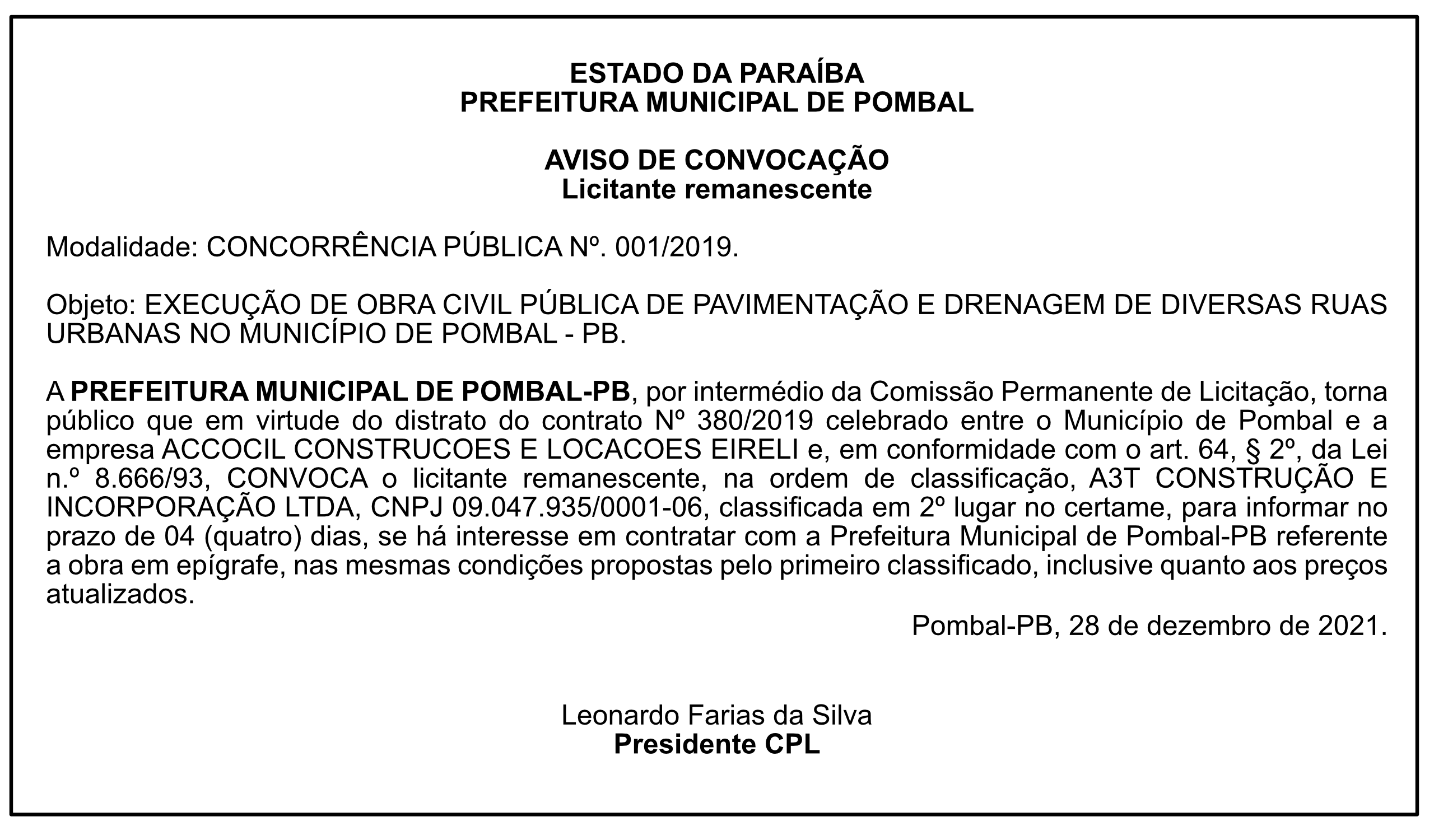 PREFEITURA MUNICIPAL DE POMBAL – AVISO DE CONVOCAÇÃO – CONCORRÊNCIA PÚBLICA Nº 001/2019