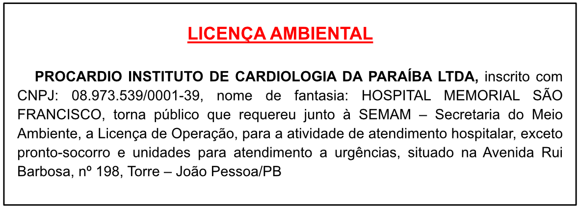 PROCARDIO INSTITUTO DE CARDIOLOGIA DA PARAIBA LTDA – LICENÇA AMBIENTAL