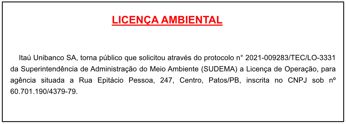 Itaú Unibanco SA – Licença Ambiental