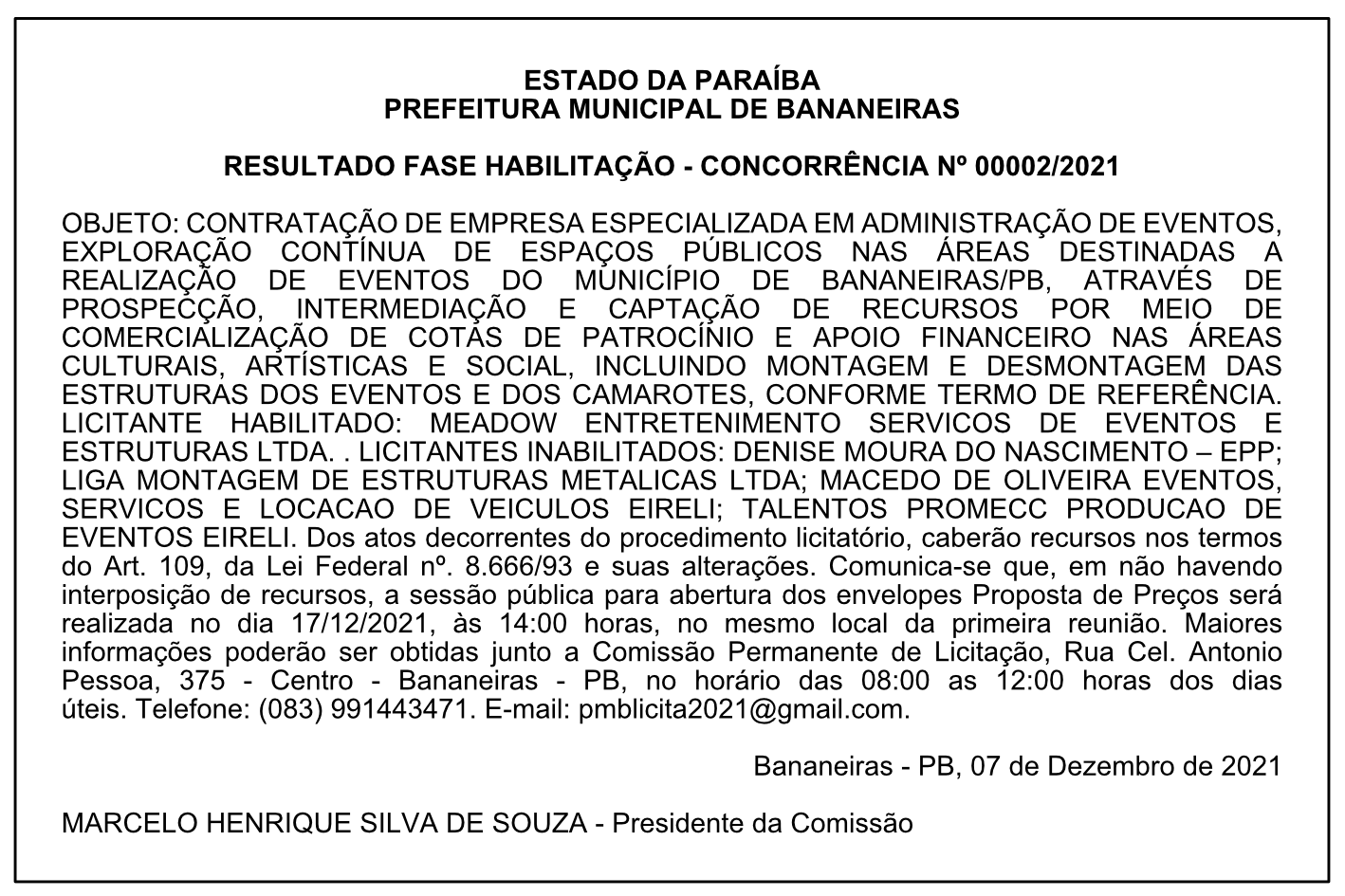 PREFEITURA MUNICIPAL DE BANANEIRAS – RESULTADO FASE HABILITAÇÃO – CONCORRÊNCIA Nº 00002/2021