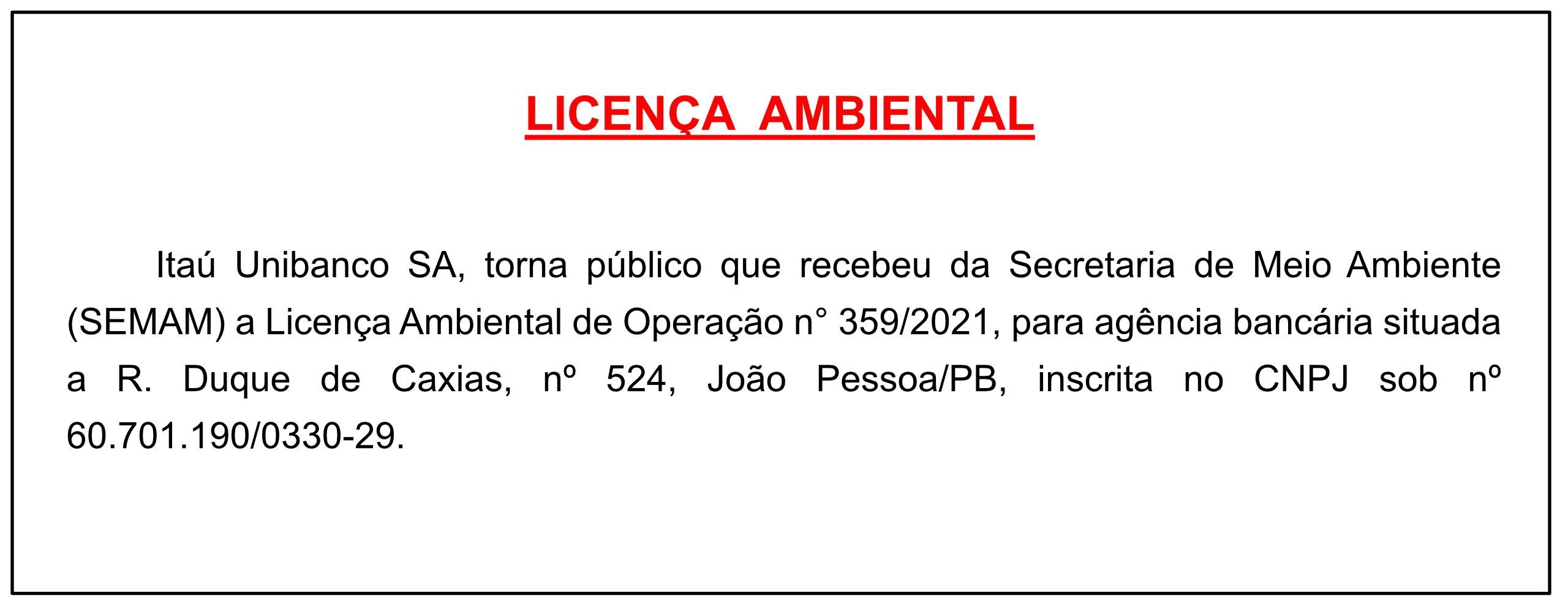 Itaú Unibanco SA – Licença Ambiental