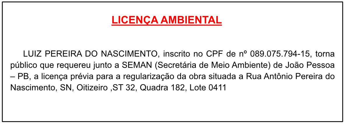 LUIZ PEREIRA DO NASCIMENTO – LICENÇA AMBIENTAL