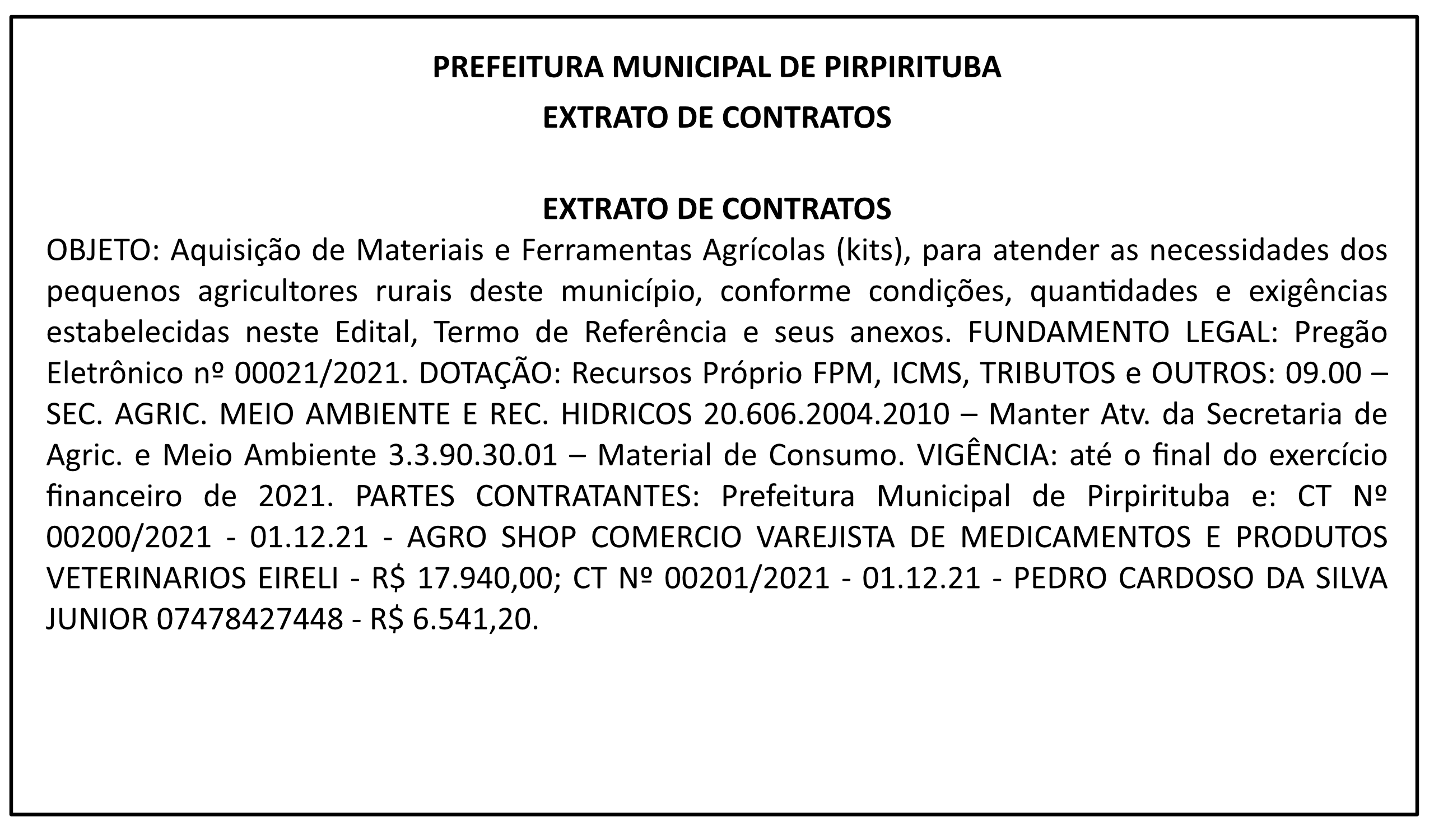 PREFEITURA MUNICIPAL DE PIRPIRITUBA – EXTRATO DE CONTRATOS