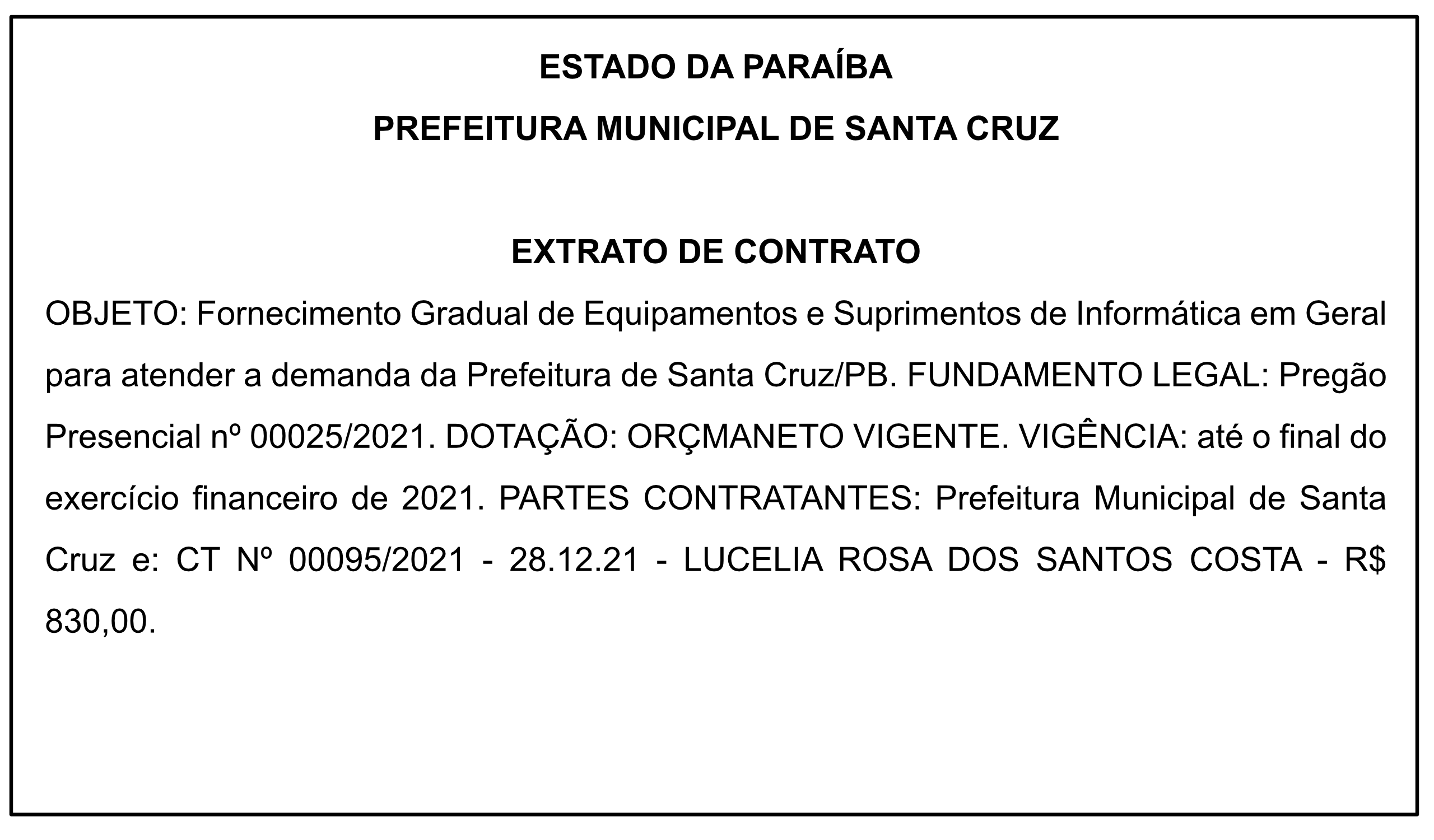 PREFEITURA MUNICIPAL DE SANTA CRUZ – EXTRATO DE CONTRATO