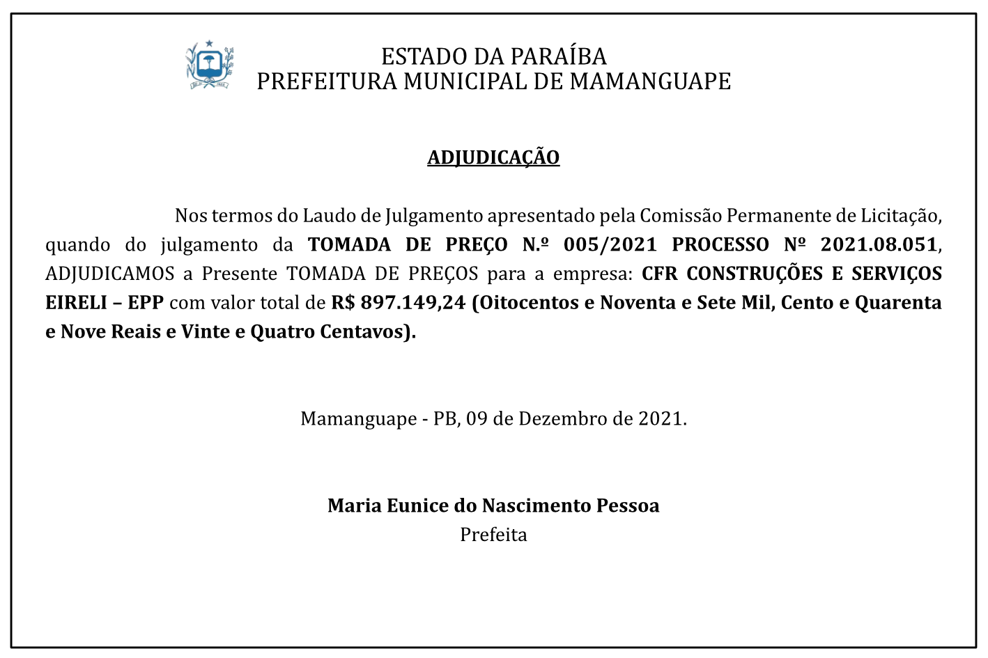 PREFEITURA MUNICIPAL DE MAMANGUAPE – ADJUDICAÇÃO – TOMADA DE PREÇO N.º 005/2021