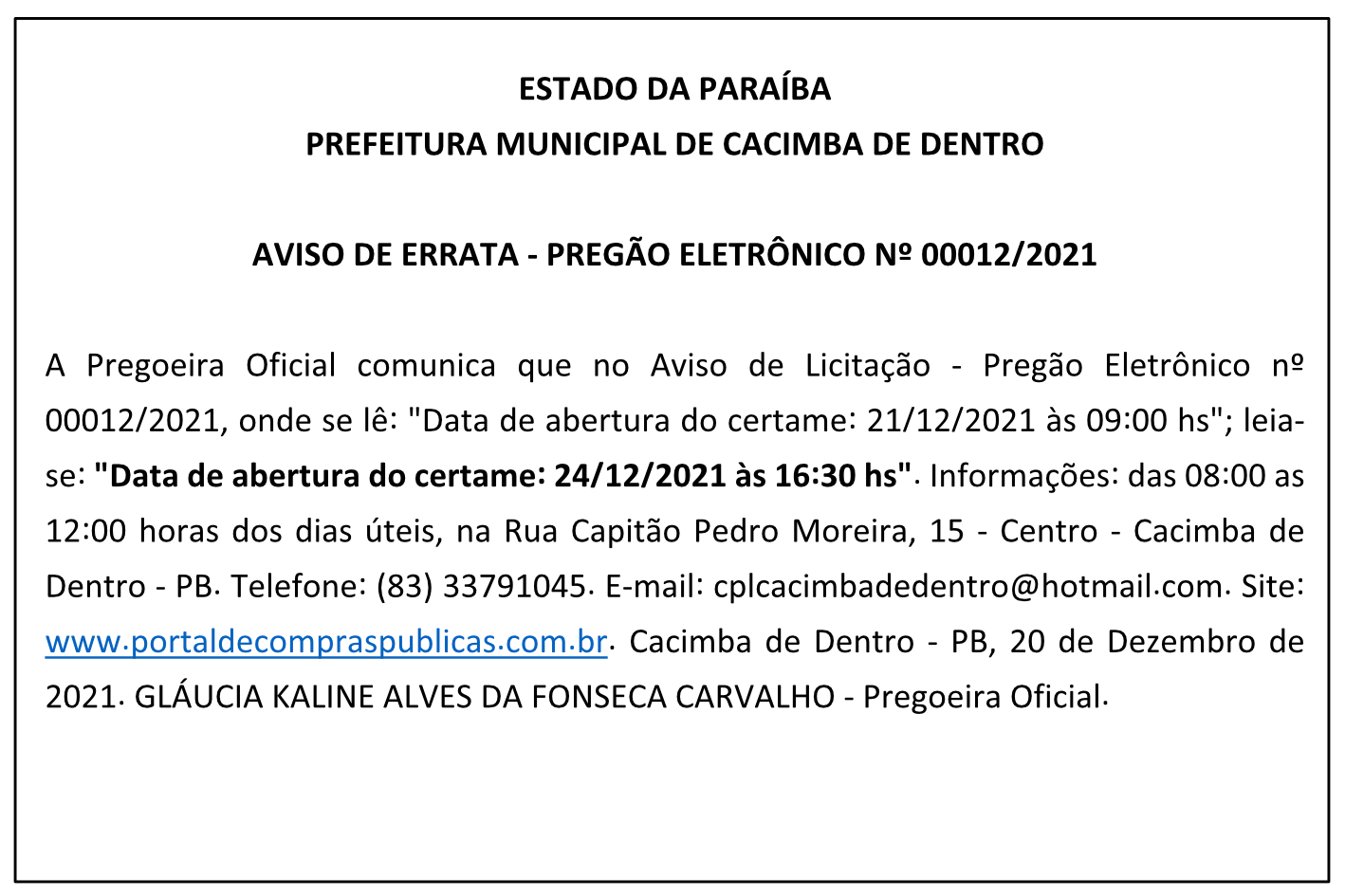 PREFEITURA MUNICIPAL DE CACIMBA DE DENTRO – AVISO DE ERRATA – PREGÃO ELETRÔNICO Nº 00012/2021