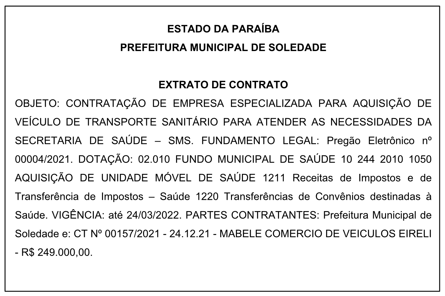 PREFEITURA MUNICIPAL DE SOLEDADE –  EXTRATO DE CONTRATO